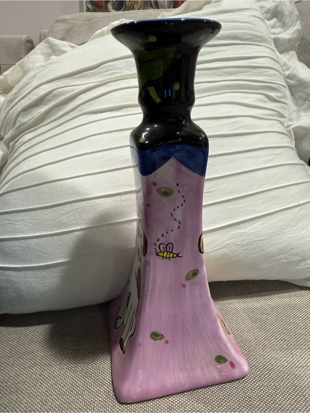 Groovy Cat & Dog by Chaleur  Hand-Painted Dog Ceramic Candle stick Holder -
